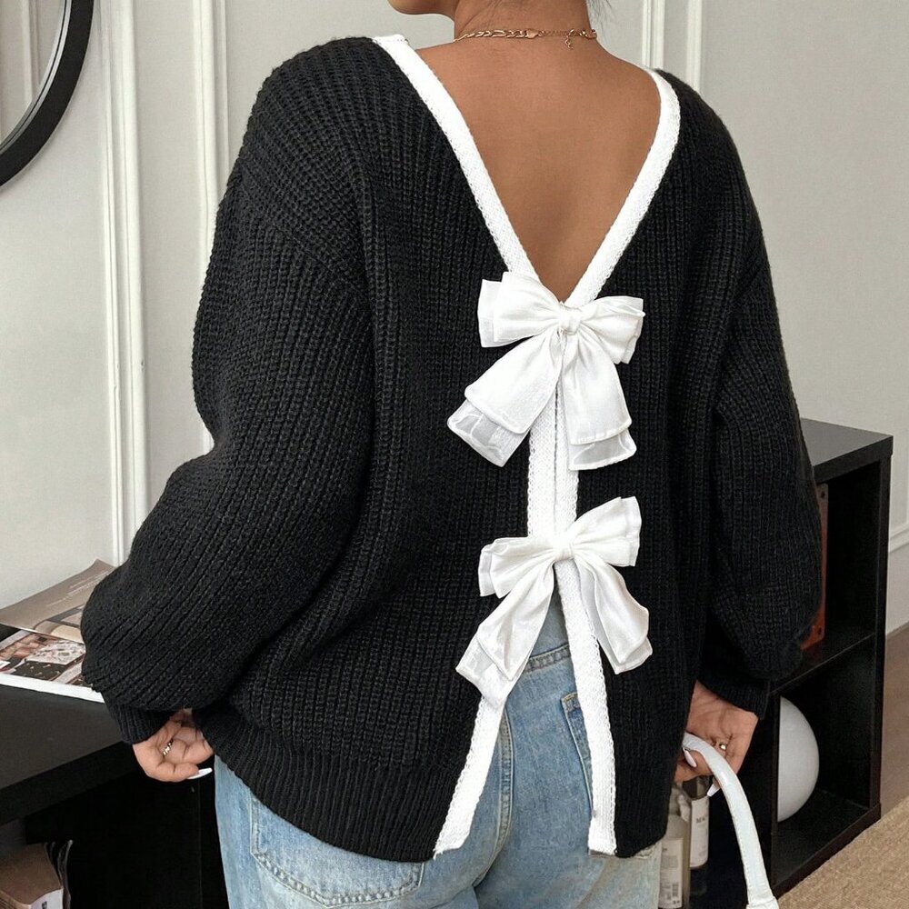 Plus Size Black Casual Women's Bowknot Crew Neck Long Sleeve Sweater